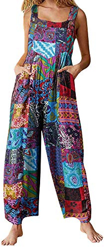 Fiacafyo Womens Casual Jumpsuits Vintage Floral Printed Front Pocket Long Jumpsuit One Piece Sleeveless Wide Leg Pant Romper