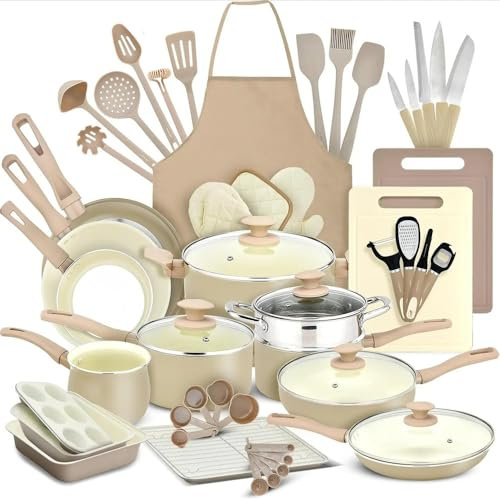 HJZSZX Juego completo de utensilios de cocina para el hogar de 54 piezas, ollas y sartenes antiadherentes de cerámica, marrón topo, uno