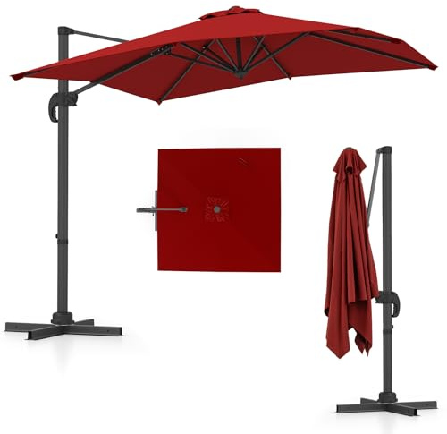 COSTWAY parasoll rektangulärt 250 x 250 cm, stort trafikljus med vev, trädgårdsparaply lutbart, 360° roterbart, terrassparaply, marknadsparaply för trädgård, terrass, balkong (röd)
