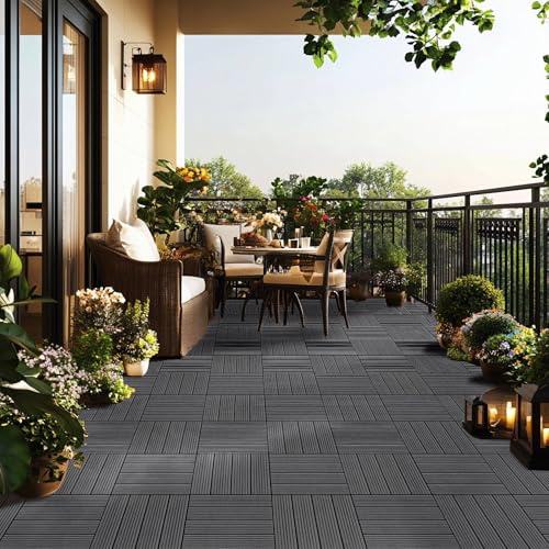 Garden Gear WPC Decking Tiles 30x30cm Interlocking Non-Slip Outdoor Flooring, Fade-Resistant & Weatherproof, Easy to Install, Walnut or Dark Grey (Grey 10)