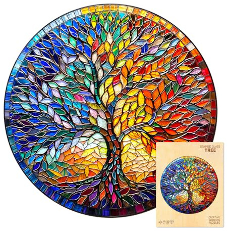 Wooden Puzzles for Adults, 300pcs Stained Glass Tree Wood Puzzle, Unique Animal Shape Puzzles with Wood Box, 34 * 34cm Wooden Puzzle for Family Game and Birthday Gifts for Friend