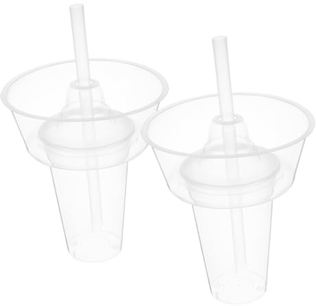 TOPPERFUN Set di 2 bicchieri per snack e bevande con cannucce, in plastica spessa, per bevande fredde e snack per feste e in viaggio