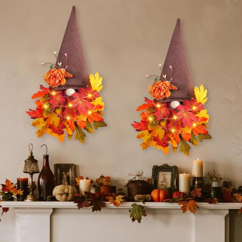 Skeadex Türkranz Herbst, 70cm Wichtel Herbstkranz Haustür mit Lichterkette & Ahornblatt Herbstdeko Tür mit LED Licht Batteriebetrieben Zwerg Türdeko Herbst Deko für Haustür Wand Außen (B*2)