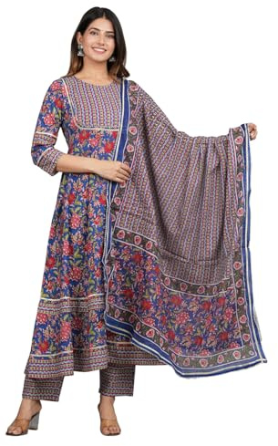 Ambararambh Traditional Floral Print Cotton Tunic Set with Pants and Dupatta, Blue (US, Alpha, Medium, Regular, Regular, Blue)