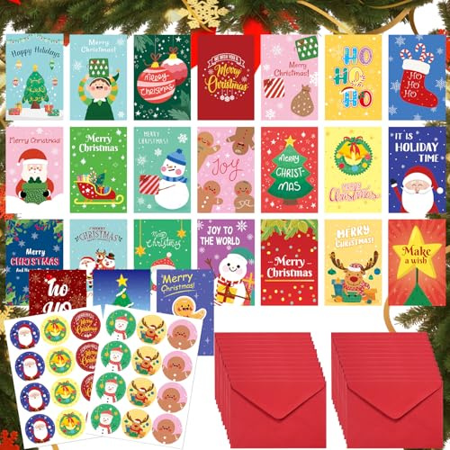 24 Sets Carte De Noel Avec Enveloppes, avec 24 Cartes Pliantes, 24 Enveloppes Rouge, 24 Autocollants de Sceau, Carte De Voeux Noel Lot, Christmas Cards Pack pour Fête, Cadeaux, Collègues, Famille