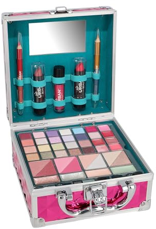 Love Urban Beauty Veganes Make-up-Geschenkset mit Exotic Vibes-Etui - 49 Stck. - Komplettes Starterset mit Make-up-Pinseln, Lidschattenpalette, Rouge, Glitzergel, Set für Anfänger für Mädchen