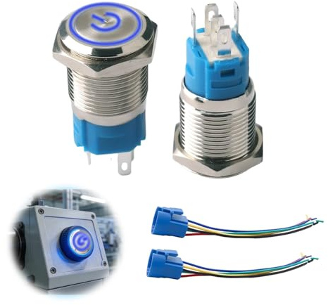 2 Stück Drucktaster 16mm Metall mit LED Blau, ein aus schalter 220v, druckschalter 230v IP65 Wasserdicht, einbauschalter für Geräte, Maschinen und schalter Steuerung, Drucktastermit Steckdosenkabel