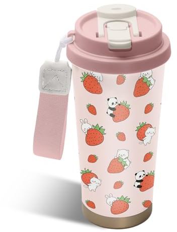 NEIUJADK Strawberry Stainless Steel 2-in-1 Lid Coffee Tumbler 18 oz Cute Strawberries Print Insulated Travel Coffee Mug Strawberry Themed Gifts for Women Girls Birthday Christmas