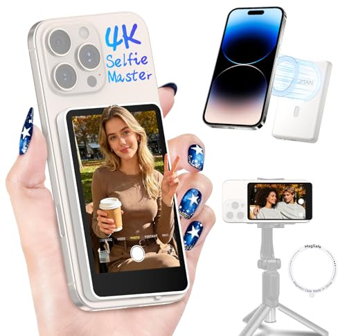 Moman Phone Vlog Selfie Monitor Screen for iPhone 7-16 & Android, 3H Battery 1080P/4K Magnetic Back Camera Wireless Monitor for Selfie Vlog Tiktok YouTube Video Record Live Content Creation, White