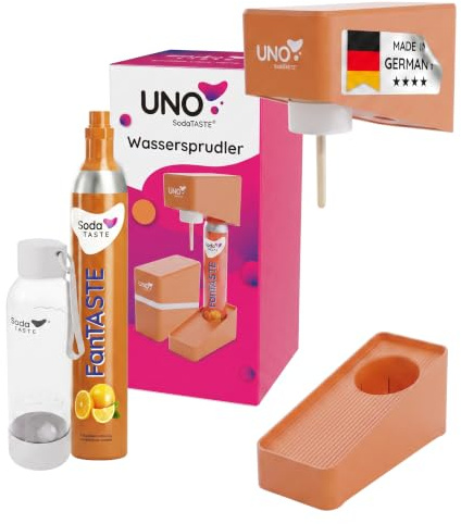 UNO Wassersprudler – modular & ohne Strom | kompatibel mit allen CO₂-Zylindern mit Standard-Schraubgewinde | Set inkl. 1L-Wasserflasche & CO₂-Zylinder FanTASTE & Flaschentrockner (Orange)