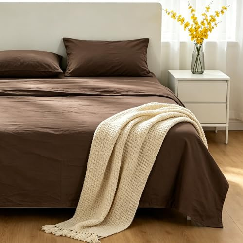 VKZ Set Lenzuola Matrimoniale Cotone con Angoli, Completo Letto Matrimoniale in Puro Cotone per Biancheria da Letto Confortevole e Durevole,MARRONE