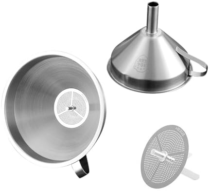 Stainless Steel Funnel with Removable Strainer, 5 Inch Food Grade Kitchen Funnel for Filling Bottles, Cooking Oils, Jam, Dry Ingredients and Powders, Wide Stem, Dishwasher Safe, Silver