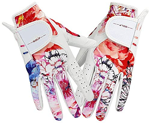 GFDSGRE Golfhandskar damgolfhandske, färgat tryckt läder, mjuk passform bra handtag, damer kvar i handen (1 par) handskar (19 medium)