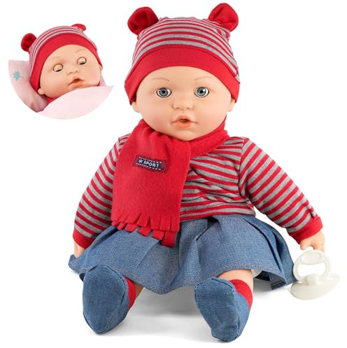 The Magic Toy Shop BiBi Doll 16-Inch Baby Doll with 16 Sounds, Dummy & Blinking Eyes – Realistic Newborn Girl with Soft Vinyl Limbs & Removable Red Outfit – for Girls Ages 18 Months+