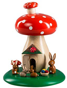 Richard Glässer Seiffen Räuchermann Fliegenpilz mit Hasen, 13 cm, original Erzgebirge