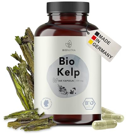 BIONUTRA® Gélules d’iode bio hautement dosées – issues de kelp brun bio d’Écosse, 200 µg/jour, contrôlées résidus, fabrication allemande, véganes, sans additifs, 365 gélules x 300 mg