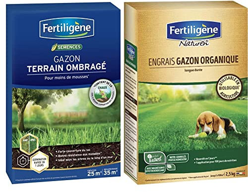 Fertiligene Gazon Terrain Ombragé, 25m² & NATUREN Engrais Gazon Organique 100m² 2,5kg