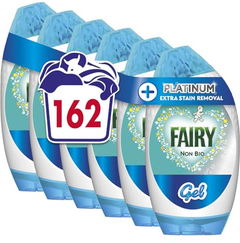 Fairy Non-Bio Platinum Washing Liquid Laundry Detergent Gel, 162 Washes (5.67 L x 6), Touch of Lenor Long Lasting Freshness, Brilliant Cleaning Even in a Cold Wash