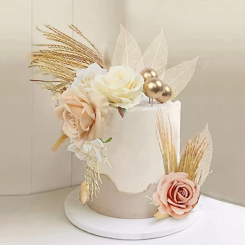 LACGO 28 PCS Boho Cake Decorations, Floral Cake Decorations - Dried Flowers for Cake Rose Leaves Balls Birthday Cake Decorating Toppers Natural Pampas Grass for Wedding Party Home Decor