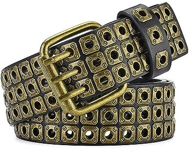 WILsem Leder Blet Gothic Punk Kleid Metall Männer Nieten Gürtel Vintage Silber Gole Dornschließe Bund, gold, 110 cm