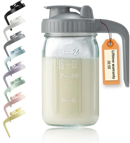 32oz Glass Pitcher with Lid & V-shaped Pour Spout - 1 Quart Breastmilk Pitcher Double Leak Proof, Creamer Container for Sun Tea, Juice, Cold Brew Coffee, Breastmilk Storage Container