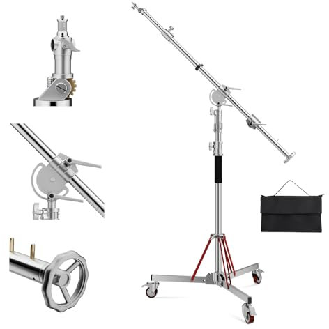 Soonpho L5-120 Plus Pro Light Stand 100% Edelstahl Lichtstativ C Stand mit Rollen und Galgen,Metal Heavy C-Stand Schwerlast max. Höhe 420 cm (13,77 Fuß) mit Galgen 250 cm (8.2 Fuß) für Pro Studio