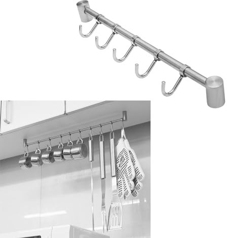 Schürberg Hakenleiste 5 Haken - 36cm Länge Küchenschiene Kleiderhaken Hängeleiste Tassenhalter Küchenreling unterbau oder Wandmontage | 5 Modelle 36-52cm mit 5-10 Haken (7 Haken - Länge: 40cm)