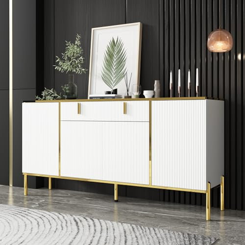 PREMTURE Sideboard Wohnzimmer mit 4 Türen, Komodenschrank, Wohnzimmerschrank mit verstellbaren Einlegböden, Küchenschrank,Buffetschrank für Eingang, Küche, Esszimmer, weiß, MDF, 160 * 40 * 80cm