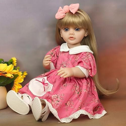 YIHANGG 55cm Reborn Baby Puppe Mädchen Ganzkörper Silikon Niedlich Prinzessin mit Langen Blonden Haaren Lebensecht Kleinkind Puppe Wunderschön Rosa Kleid Geburtstag Weihnachten Geschenk