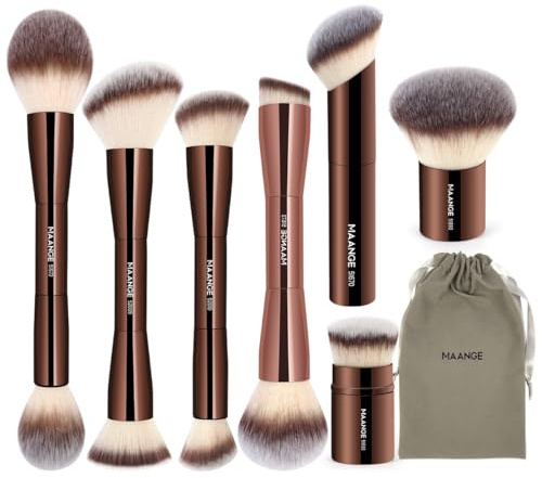 MAANGE 7pcs Makeup Brush Set Double Sided Kabuki Makeup Brushes Contour Brush for Foundation Liquid Powder Concealer Cream Cosmetics Bronzer Blending Blush Buffing Makeup Tools (Coffee)