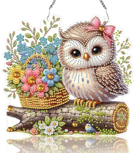 Zamety Diamond Painting Tiere Eule Anhänger mit Kette | DIY Diamant Painting Fensterbilder, 5D Diamant Painting Bilder Kinder für Fenster Wand und Eingang Decor