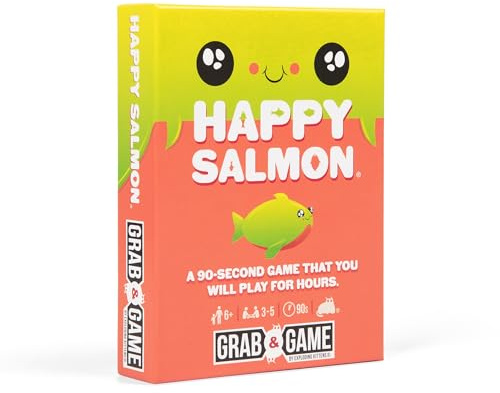 Exploding Kittens Happy Salmon Grab & Game, 3-5 Players, Ages 6+ | Frantically shout your actions, find a matching player, complete the action, and discard your card. Fast 90-second travel fun