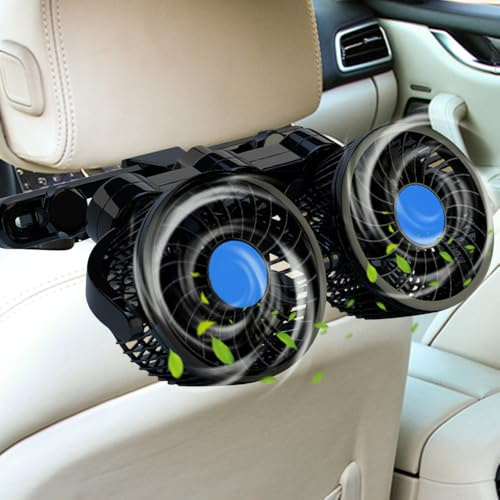 HIULLEN Auto Ventilator für Rücksitz, 12V Doppelkopf Ventilator Auto, 360° KFZ Kühlventilator mit 3 Geschwindigkeiten, Leistungsstarker Leise Doppelkopf Autolüfter Kühlung für Auto/SUV/RV