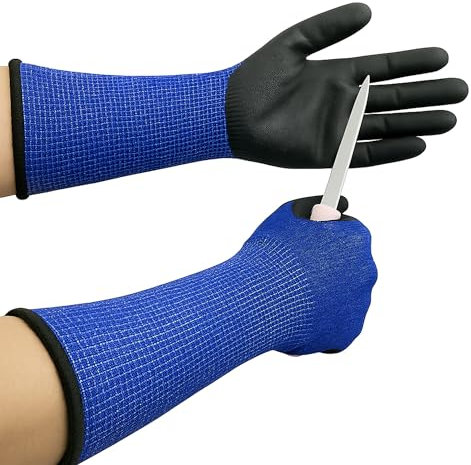 LH-SP Guantes de trabajo largos con revestimiento de palma de nitrilo negro, punto azul, longitud extendida, resistentes a los cortes. Ofrece durabilidad, agarre y protección de las manos. (L)