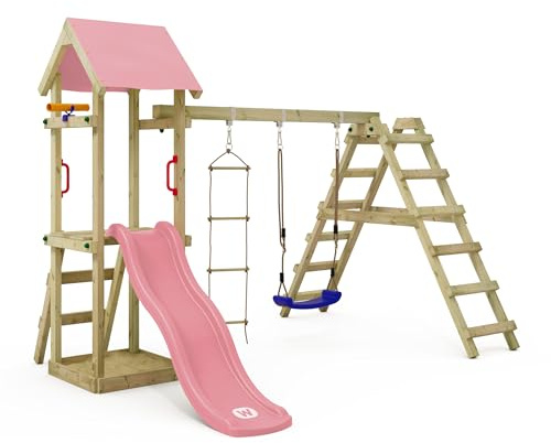 WICKEY Lektorn, klätterställning TinyLoft med gunga och rutschkana, utomhus barn, klättertorn med sandlåda, stege och lektillbehör för trädgården (pastellrosa)