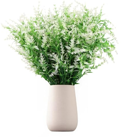 12 Bündel Künstliche Lavendel Blumen,Kunstblumen für Außen, kunstpflanzen Outdoor,UV Beständige Künstliche Sträucher Balkonpflanzen,Plastikblumen Unechte Blumen für Hausgarten Büro Hochzeit (Weiß)