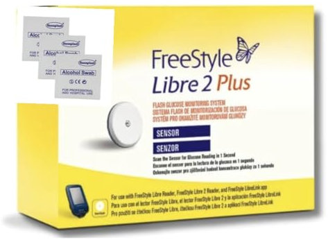 Free-style Libre 2 Plus Glucose Monitoring Sensor (1 Sensor) - Real-Time CGM for Diabetes Management, Waterproof, with Free Alcohol wipes