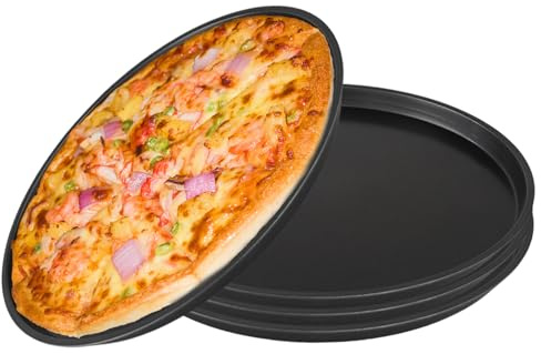 LEKEFETO Juego de 4 bandejas para pizza, redondas, 29 cm, antiadherente, molde para pizza negro, para horno, duradero y fácil de limpiar
