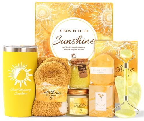 Amzsudy Geburtstagsgeschenke für Frauen Schwestern – 8-teiliges Sonnenschein-Selbstpflege-Geschenkkorb-Set – Freundschaftspflege-Paket – Cheer Up Thinking of You Geschenkbox für sie – Gute Besserung