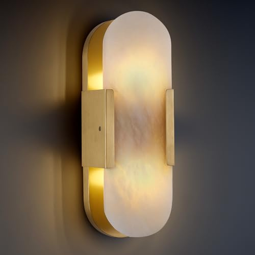 PIOUTNF Wandleuchte Spiegelleuchte 35cm Gold Wandlampe Innen Moderne Marmor Wandbeleuchtung, Alabaster Messing Wandlampen für Schlafzimmer, Wohnzimmer, Flur,Treppenhaus