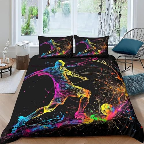 BJCJGGL Housse de Couette 200x200 Adolescent Ballon de Foot Noir Parure de Lit 2 Personnes avec Fermeture Éclair et 2 Taie d'oreiller 65x65 cm - Doux Respirant Microfibre Housse de Couette
