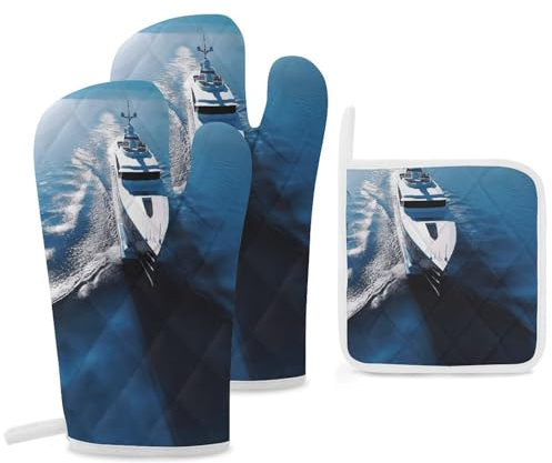 Yacht ​ Barca a vela guanti da forno e presine set da 3 pezzi, resistente al calore fino a 260 °C, presina 30 cm, guanti da forno extra lunghi essenziali per la cottura in cucina