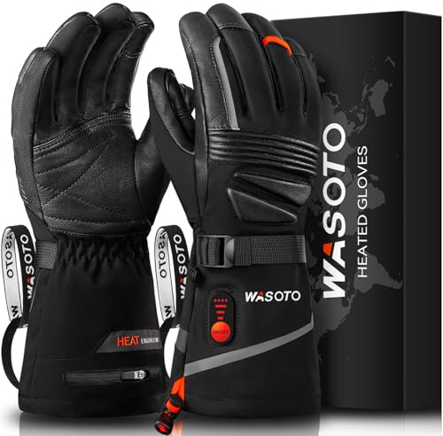 WASOTO Heated Gloves for Men Women,7.4V Battery 22.2WH Rechargeable Electric Heated Leather Gloves for Winter Outdoor Work Motorcycle Riding Skiing Snowboarding Hiking Camping Raynaud (Black, S)