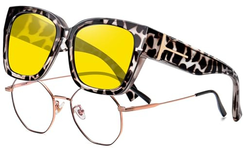 KANASTAL Occhiali Guida Notturna Lenti Gialli Leopardati Donna Uomo Sovraocchiali Notte Visione Notturni Tartarugati Quadrati Yellow Night Driving Glasses over Glasses -Gialle Maculati