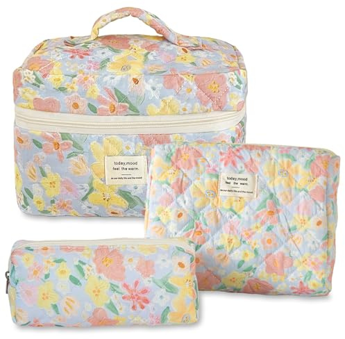 Aucuu 3PCS Set Kosmetiktasche, Reise Kosmetiktasche Set Damen, Kulturtasche Damen mit Blumenmuster, Gesteppte Kulturtasche, Kulturbeutel Make Up Tasche, Tragbare Schminktasche für Mädchen Frauen