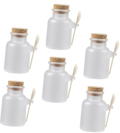 VANZACK 6 ensembles Bouteilles de Rangement Transparentes avec Couvercle Liège et Cuillère Bois Pots Hermétiques pour Sel de Bain et Poudre de Masque Flacons Multi-usages pour Accessoires