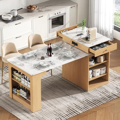 HOXINBLY Tavolo da pranzo telescopico con piano rimovibile, Isola da cucina con ruote e prese multiple, Tavolo da bar allungabile utilizzabile come credenza o tavolo da bar per cucina (Naturale)