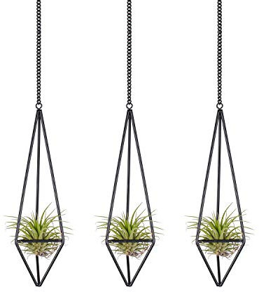 Ecosides 3 PCS Air Plant Holder,Modern Freestanding Metal Himmeli Tillandsia Rack Air Plant Display Geometric Hollow Pyramid Planter with Chain Home Decor for Wall,Ceiling,Black, Small