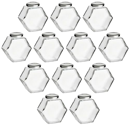gouveo Lot de 12 bocaux de conservation 380 ml en nid d'abeille avec couvercles à vis argentés – Beaux bocaux de conservation avec bouchons à vis – Pots à vis vides pour miel, confiture (EGW380S)