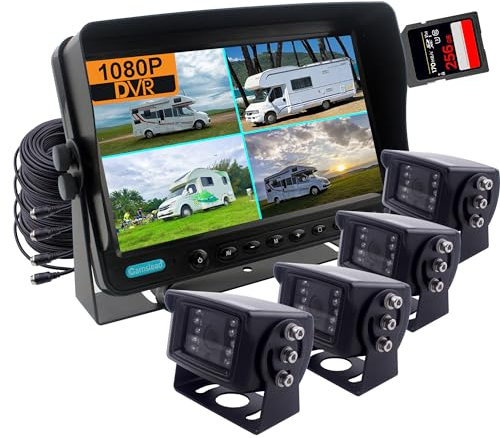 CAMSLEAD 7 Zoll Monitor 1080P Rückfahrkamerasystem, DVR Recorder, Unterstützung Einer 256GB SD Karte, 4-Kanal-Eingang, Quad-Split-Screen,1080P-Rückfahrkamera für LKW, Anhänger, Wohnmobil, Wohnwagen